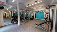 This fitness center is thoughtfully designed to support a wide range of workout routines within a spacious, single-floor layout. The space is divided into distinct functional zones, each catering to different training needs. The cardio area features multiple treadmills and elliptical machines by Life Fitness, positioned along large windows that invite natural light and outdoor views, creating an energizing environment for endurance training. Adjacent to this zone, a well-stocked dumbbell rack provides options for free weight exercises, complemented by dedicated weight benches and a power rack for strength training. A standout feature is the boxing and functional training area, highlighted by a vibrant teal accent wall, punching bags, a pull-up rig, TRX suspension trainers, and an assortment of medicine balls and accessories displayed on wall-mounted shelving. Full-length mirrors line key areas of the facility, enhancing the sense of space and allowing users to monitor their form. Patterned carpet flooring runs throughout, softening the space while providing a comfortable surface underfoot. A striking abstract wall mural adds an artistic focal point. Linear pendant lighting and recessed fixtures ensure bright, even illumination throughout. Glass-panel doors connect the fitness center to an adjacent lounge area, adding to the overall sense of openness and community.