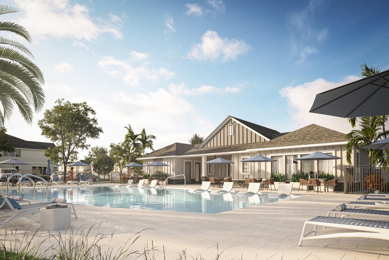 With its expansive sundeck, lounge seating, and umbrellas, the resort-style pool provides a luxurious oasis for residents to enjoy. - Amavi Kissimmee