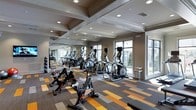 This fitness center offers a thoughtfully designed workout environment that balances functionality with refined aesthetics. The space is outfitted with a comprehensive selection of cardio equipment, including elliptical trainers, treadmills, and stationary cycling bikes, arranged to maximize accessibility and flow throughout the room. A full-length mirrored wall runs along one side, visually expanding the space and allowing users to monitor their form during exercise. The flooring features a striking geometric carpet in a multi-toned pattern of orange, gold, and grey, adding a vibrant, energetic feel to the environment. Overhead, a coffered ceiling with recessed lighting provides bright, even illumination throughout the room. Large windows along the perimeter allow generous amounts of natural light to fill the space, offering views of the surrounding outdoor greenery and creating an open, airy atmosphere. The neutral grey wall tones complement the bold flooring and modern equipment, resulting in a cohesive and motivating aesthetic. The single-floor layout ensures seamless navigation between equipment zones, making this fitness center a practical and visually appealing facility well-suited for a wide range of workout routines.