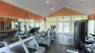 This fitness center is designed to provide a bright and motivating workout environment. The space features a vaulted ceiling with clean white trim that adds a sense of openness and height, complemented by warm terracotta-orange accent walls that lend an energetic ambiance to the room. Recessed lighting is installed throughout, ensuring the space remains well-lit at all times.

Large French doors and expansive windows line the walls, flooding the interior with abundant natural light and offering views of the lush greenery outside. The floor-to-ceiling mirrors along one wall visually expand the space and allow exercisers to monitor their form during workouts.

The fitness center is outfitted with a variety of Life Fitness cardio equipment, including treadmills, elliptical trainers, and stationary bikes, all arranged to maximize the available floor space. The dark rubberized flooring provides durability and safety underfoot. A wall clock is conveniently positioned for easy time management during workouts.

The combination of natural light, mirrored walls, and high vaulted ceilings creates an airy, spacious atmosphere that makes this fitness center both functional and inviting for daily exercise.