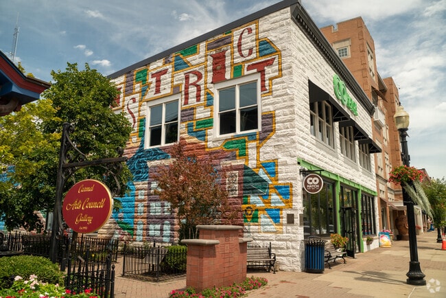 The Art District, in Downtown Carmel, features paintings over buildings.