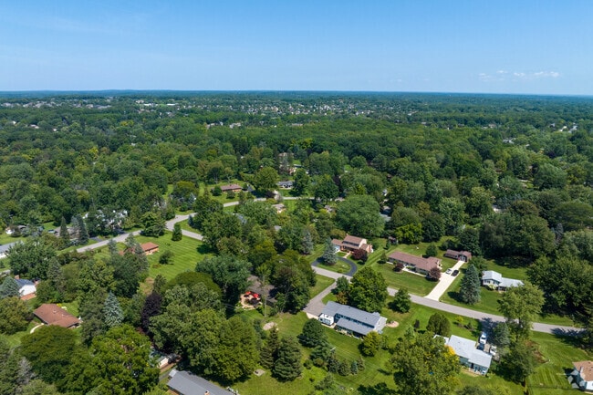 An aerial view of Rochester Hills show an abundance of trees and winding roads.