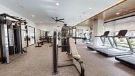Located at 1200 Marquis Pkwy in Williamsburg, Virginia, this well-equipped fitness center delivers a full-service workout experience within a spacious, single-floor layout. The interior features a clean, modern design with crisp white walls, recessed lighting, and a distinctive wood-paneled ceiling detail that adds warmth and visual interest to the space. Large ceiling fans are positioned throughout, ensuring comfortable airflow during workouts.

The strength training area is comprehensively outfitted with power racks, cable machines, a functional trainer, adjustable benches, and a full rack of dumbbells, accommodating a wide range of resistance training routines. Floor-to-ceiling mirrors line the walls, enhancing the sense of openness and allowing users to monitor their form. The cardio zone features a row of treadmills and additional cardio machines positioned along large windows, allowing natural light to fill the space and offering views of the surrounding exterior. Supplementary equipment including medicine balls, resistance bands, and specialty machines rounds out the functional fitness offerings. The entire floor is finished with durable, textured carpet suited for a high-activity environment. Restroom or changing facilities appear accessible from within the space, adding to the convenience of the facility.