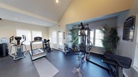 This single-floor fitness space is designed to support a well-rounded exercise routine. The room features a vaulted ceiling that adds a sense of openness and volume, complemented by recessed lighting and a centrally placed overhead light. Large windows along multiple walls allow generous natural light to fill the space, creating a bright and energizing environment. French doors provide additional light and likely offer access to an outdoor area.

The flooring consists of durable dark rubber or vinyl material, practical for high-impact use and easy maintenance. A treadmill and stationary cycle are positioned along one wall for cardiovascular training, while a multi-station cable and weight machine serves as the centerpiece for strength training. A rowing machine and additional seating-based equipment round out the available options. Decorative potted palms are placed near the windows, adding a natural, refreshing touch to the functional space.

The layout is thoughtfully arranged to allow clear movement between stations. Neutral wall tones and clean lines contribute to a calm, focused atmosphere well-suited for regular physical activity.