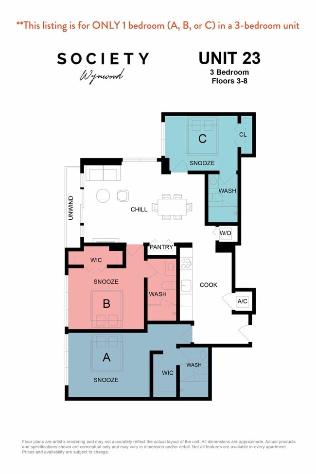 RBB de 3 habitaciones - Unidad 23 - Pisos 3-8 - Flow Wynwood