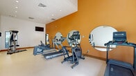 This fitness center in Antioch, California, is a single-level space designed to provide a functional and well-equipped workout environment. The room features soaring ceilings that contribute to an open, airy atmosphere, while recessed lighting ensures consistent illumination throughout. A bold amber-orange accent wall serves as a striking visual focal point, contrasting with the surrounding white walls and light-toned flooring to create an energetic ambiance suited to exercise.

The space is outfitted with a variety of cardio equipment, including treadmills, elliptical trainers, and a stationary bike, all arranged to allow comfortable circulation. A multi-use cable resistance machine provides options for strength training. Three large circular mirrors are mounted along the accent wall, expanding the sense of space and allowing users to monitor their form. A wall-mounted flat-screen television adds an entertainment element during workouts, while a simple wooden bench offers a place to rest or stretch.

Natural light enters through a set of glass double doors on one end of the room, providing a view of the exterior and enhancing the overall brightness of the space. Fitness center rules and signage are posted near the entrance. The durable, easy-to-clean flooring and recessed HVAC vents reflect a practical, user-focused design throughout this well-appointed amenity space.
