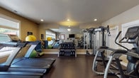 Located at 1221 SE Ellsworth Rd in Vancouver, Washington, this fitness center offers a well-equipped, single-floor workout facility designed to support a wide range of exercise routines. The space features dark rubber flooring throughout, providing durability and comfort underfoot, while recessed lighting and textured ceilings contribute to a clean, functional atmosphere.

The cardio area is anchored by multiple treadmills and elliptical trainers, complemented by stair climbers and a Matrix rowing machine — all positioned to take advantage of natural light streaming through several large windows fitted with blinds. A wall-mounted flat-screen television and a water cooler are conveniently accessible, enhancing the overall workout experience.

The strength training section includes a multi-station cable machine, a full rack of dumbbells ranging across various weights, and an adjustable workout bench. Exercise balls and accessories are neatly organized along the walls. Large mirrors span a significant portion of the wall space, visually expanding the room and allowing users to monitor their form during workouts.

Warm, neutral-toned walls and a wall-mounted workout reference chart round out the space, creating an environment that is both practical and welcoming. The fitness center is thoughtfully arranged to maximize usable floor space while accommodating a variety of fitness needs.