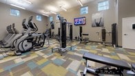This fitness center offers a thorough and well-organized workout environment designed to accommodate a wide range of exercise routines. The space is divided into distinct functional zones, each thoughtfully arranged to maximize usability and flow. The cardio section features a row of Matrix treadmills and elliptical machines, each equipped with individual display screens for entertainment during workouts. Complementing these are stationary bikes, providing a full suite of aerobic equipment. The strength training area houses multiple cable and resistance machines, a dedicated free weights section with dumbbells and benches, and a rack stocked with medicine balls and foam rollers for functional and recovery training. A wall of mirrors enhances the sense of space and allows users to monitor their form throughout their session. Motivational athletic artwork adorns the neutral-toned walls, adding an energetic visual element to the environment. Natural light filters in through a series of high windows, brightening the interior alongside flush-mounted fluorescent ceiling fixtures. The floor throughout is covered in a bold, multicolored geometric-patterned carpet, lending a modern and dynamic aesthetic to the overall design. Storage closets along one wall keep the space tidy and organized.