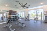 Located at 8146–8162 Shore Dr in Norfolk, Virginia, this single-story fitness center is designed to provide a comprehensive workout experience in a bright, well-appointed environment. The space is divided into distinct exercise zones, each thoughtfully equipped to support a full range of fitness activities.

The cardio area features multiple treadmills, elliptical machines, and a stationary bike, all positioned beneath wall-mounted flat-screen televisions for entertainment during workouts. Large mirrors line the walls, enhancing the sense of space and allowing users to monitor their form. Rubber flooring throughout ensures safety and comfort underfoot.

A dedicated strength training zone includes cable and weight machines from Matrix, a multi-function cable station, and an adjustable bench, positioned beside a dramatic floor-to-ceiling window wall that floods the area with natural light and offers views of the surrounding landscape. An additional free weights section provides a full dumbbell rack alongside adjustable benches and built-in open shelving for storage.

The facility also includes a glass-enclosed area — likely a restroom or utility room — a ceiling fan for air circulation, and recessed lighting throughout. The clean, neutral color palette and modern finishes create a focused, energizing atmosphere well-suited for daily fitness routines.