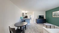 This thoughtfully laid-out 1-bedroom, 1-bathroom unit offers a clean, modern aesthetic across a single floor. The open-concept main area seamlessly connects the kitchen, dining, and living spaces, all finished with light wood-look flooring throughout. The kitchen is equipped with gray shaker-style cabinetry with matte black hardware, white countertops, a mosaic tile backsplash, a black pull-down faucet, and stainless steel appliances including a full-size refrigerator. A cozy dining nook accommodates a round bistro table, ideal for casual meals. The living room is anchored by a bold green accent wall adorned with framed artwork, complemented by large windows with vertical blinds that invite natural light. The spacious bedroom features a wide window with outdoor greenery views, light wood flooring, and a sliding-door closet with built-in racking. A contrasting dark accent wall adds visual depth to the room. The bathroom includes a full tub-shower combination with neutral tile surround. Throughout the unit, a crisp white and gray color palette with carefully chosen accent tones creates a cohesive, contemporary ambiance that feels both functional and inviting.