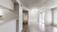 This well-appointed single-floor unit offers an efficient layout across a comfortable footprint, combining practical design with notable finishing details. The open living room serves as the central gathering space, distinguished by a full-height brick fireplace with a raised hearth that anchors the room as a focal point. Sliding glass doors admit natural light and provide access to an outdoor area, complemented by additional windows fitted with blinds. A textured popcorn ceiling and a multi-bulb light fixture complete the living area's character.

The kitchen is thoughtfully arranged in a galley configuration, featuring white shaker cabinetry with matte black hardware, light granite countertops, a stainless steel sink, and a full suite of stainless steel appliances including a refrigerator, range, microwave, and dishwasher. Wood-look plank flooring runs through the main living areas and kitchen, while a hallway with a closet connects to the private quarters.

The bedroom is carpeted for comfort and includes a ceiling fan, a sliding glass door to an outdoor space, and a dedicated closet. The bathroom presents white cabinetry, granite countertops with matte black fixtures, and wood-look flooring, maintaining a cohesive, updated aesthetic throughout the unit.
