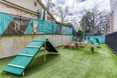 Located in Atlanta's upscale 30305 zip code, this ground-level outdoor amenity space is purpose-built for pets and their owners. The centerpiece is a generously sized, fully enclosed dog park surfaced with lush artificial turf, providing a clean and low-maintenance area for dogs to exercise and socialize year-round. The space is secured by sturdy black metal fencing with a gated entry, ensuring safety for all four-legged visitors.

The park is thoughtfully equipped with agility features, including ramp structures, natural log obstacles, and tunnel elements, offering mental and physical stimulation for dogs of all sizes. Waste disposal stations are conveniently positioned throughout the area. Playful branded signage lines the perimeter wall, adding a lively and welcoming atmosphere to the space.

Adjacent to the turf area is a covered composite wood deck, sheltered by the building's overhang and accented with warm wood-slat privacy screens. A classic bench seat provides a comfortable spot for owners to relax while supervising their pets. The multi-story building backdrop, open sky above, and surrounding greenery contribute to an inviting outdoor environment that balances functionality with thoughtful design.