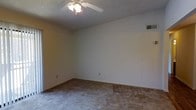This single-floor space presents a clean and functional layout with a neutral, understated aesthetic throughout. The main room features wall-to-wall carpeting in a muted tone, providing a soft underfoot feel that adds a degree of warmth to the interior. The walls are finished in a light, off-white color that helps reflect available light and contributes to an open, airy feel within the space.

Overhead, a ceiling fan with an integrated multi-bulb light fixture serves as the central lighting source, offering both illumination and air circulation. The ceiling itself displays a textured popcorn finish, a characteristic detail of the space's construction style. A ceiling-mounted HVAC vent is also present, indicating a central air system for climate control.

The room is generously proportioned, providing ample open floor space suitable for a variety of furniture arrangements and uses. Electrical outlets are conveniently positioned along the baseboards, and the white baseboards provide a clean contrast against the carpeted floor. The overall ambiance is neutral and move-in ready, offering a blank canvas for personalization while maintaining a simple, practical design sensibility.