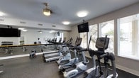 This fitness center is designed to support a well-rounded exercise routine in a comfortable, single-level space. The room is outfitted with a row of True-brand cardio machines, including ellipticals and treadmills, arranged to maximize the use of the floor space. A ceiling-mounted flat-screen television is positioned for easy viewing during workouts, adding to the overall functionality of the space.

Large windows along one wall allow natural light to filter in, enhancing the bright and open atmosphere of the room. Mirrored walls on the opposite side visually expand the space while allowing users to monitor their form during exercise. The mirrors also reflect the full lineup of equipment, giving the room a well-stocked appearance.

Overhead lighting is provided by flush-mounted ceiling fixtures, supplemented by a ceiling fan that helps maintain airflow throughout the space. The flooring consists of dark rubber gym matting, offering durability and traction underfoot. A small free-weight or accessory area is visible along the mirrored wall, rounding out the available amenities. Overall, the space is clean, functional, and well-maintained.