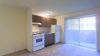 This single-floor space features an open-concept layout that seamlessly connects the kitchen and living area. The kitchen is equipped with a white gas range and oven, a double-basin sink, and a full-size white refrigerator. Dark wood laminate cabinetry lines the upper and lower sections of the kitchen wall, providing ample storage. A ventilation hood is mounted above the range, and light-toned countertops offer a functional workspace. The kitchen flows directly into the carpeted living area, which benefits from abundant natural light streaming through a large sliding glass door fitted with vertical blinds. The neutral yellow-toned walls and light carpet throughout create a cohesive, understated aesthetic. Overhead flush-mount lighting provides additional illumination in the kitchen. The open transition between the kitchen and living space enhances the overall sense of flow and accessibility, making the layout practical for everyday use.