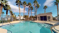 This outdoor amenity area offers a well-appointed resort-style experience centered around a generously sized freeform swimming pool with clear, blue-tinted water. The pool's curved design creates an inviting aesthetic, complemented by wide concrete pool decking that provides ample space for lounging. Adjacent to the main pool sits a circular spa and hot tub, accented with blue tile detailing and equipped with hydrotherapy jets, making it a standout feature of the space. Tall, mature palm trees line the perimeter, lending a tropical ambiance and providing a striking visual contrast against the expansive open sky. A single-story structure with a pitched, shingle roof and a covered pergola-style entryway anchors one end of the space, offering shade and a functional gathering point. The facility is enclosed by a wrought-iron fence, ensuring both safety and privacy while maintaining open sightlines to the surrounding landscape. Lush shrubs and greenery are integrated along the fencing, softening the hardscape elements. The overall atmosphere is sun-drenched, relaxed, and ideally suited for outdoor recreation and leisure.