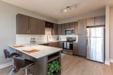 This thoughtfully designed single-floor residence offers a cohesive blend of modern aesthetics and functional living. The kitchen serves as a standout feature, showcasing rich dark wood cabinetry, white quartz countertops, a classic subway tile backsplash, and a full suite of stainless steel appliances including a refrigerator, range, microwave, and dishwasher. A built-in wine rack adds a refined touch above the cabinetry. Light wood-look flooring flows throughout the kitchen and into the hallway, creating a seamless and airy feel. The living area is warm and inviting, with neutral gray walls, natural light from a window with blinds, and an open layout that connects comfortably to the kitchen. Both bedrooms feature plush carpet flooring and soft gray walls, offering a calm retreat. The primary bedroom includes direct access to the bathroom, which is generously proportioned and features light wood-look tile flooring, a dark wood vanity with a white countertop, a tub-shower combination, and an expansive open shelving system ideal for organized storage. The overall design palette — neutral tones, dark wood accents, and clean lines — creates a modern yet comfortable living environment throughout.