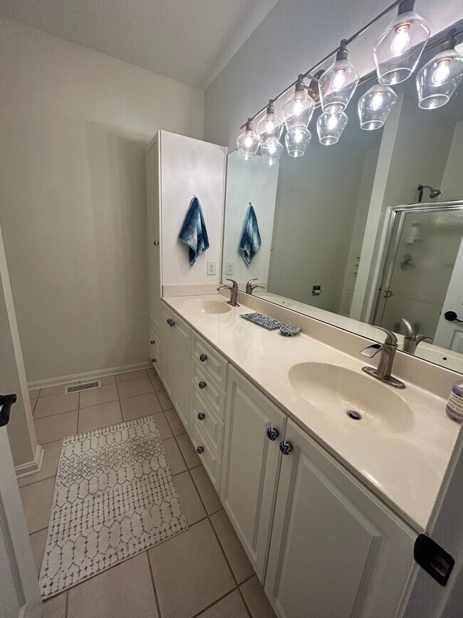 Primary full bath w double sinks and plenty of storage - 300 Pebble Dr