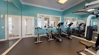 Located at 1589 Starlight Cove in Tarpon Springs, Florida, this dedicated fitness center offers a well-equipped, single-floor workout space designed to support a comprehensive exercise routine. The room is finished with vibrant teal walls accented by crisp white crown molding, creating an energizing yet polished atmosphere throughout.

The space is outfitted with a diverse selection of cardio equipment, including elliptical trainers, stationary spin bikes, and additional aerobic machines, all positioned on durable rubber flooring that provides both safety and comfort during workouts. For strength training, a multi-station cable and weight machine with an adjustable bench is prominently featured, accommodating a wide range of resistance exercises.

Full-length mirrors line one wall, visually expanding the space and allowing users to monitor their form during exercise. Natural light filters in through multiple windows with white blinds, complementing the overhead flush-mount lighting and a ceiling fan that helps maintain a comfortable environment. A pass-through window connects to an adjacent area, adding a sense of openness to the room. The overall design balances functionality with a clean, community-oriented aesthetic, making this fitness center a practical and inviting amenity.