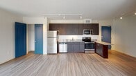 Located at 500 E 14th St in Minneapolis, MN, this modern unit offers a well-designed open-concept layout that seamlessly connects the kitchen and living area. Light-toned hardwood-style flooring flows throughout, complementing the clean white walls and creating a bright, airy atmosphere.

The kitchen is a standout feature, equipped with stainless steel appliances including a refrigerator, range, microwave, and dishwasher. Rich dark-toned cabinetry extends to the ceiling, providing generous storage, while granite countertops with warm tones add a touch of elegance. A breakfast bar offers additional prep and dining space.

The expansive living area is bathed in natural light, courtesy of large black-framed windows that frame impressive views of the Minneapolis skyline and surrounding cityscape. Track lighting runs along the ceiling throughout the space, offering flexible and modern illumination.

The bathroom is tastefully appointed with a dark-toned vanity, a clean white countertop, a mirror with overhead lighting, and a glass-enclosed shower. Bold teal-blue interior doors throughout the unit add a distinctive pop of color and contemporary character.

The unit's single-floor layout ensures ease of navigation, making it both functional and stylish for everyday urban living in the heart of Minneapolis.