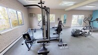 This fitness center is a spacious, single-floor facility designed to support a comprehensive workout routine. The space is divided into two distinct areas: a cardio zone and a strength-training zone, providing a well-rounded exercise environment. The cardio area features light blue accent walls, carpeted flooring, and fluorescent ceiling lighting, and is equipped with multiple Cybex treadmills and a wall-mounted television for entertainment during workouts. An elliptical trainer and recumbent stationary bike are also available, offering low-impact exercise options. The strength-training area is characterized by exposed white painted brick walls, large windows that allow ample natural light and views of surrounding trees, and rubber flooring for durability and safety. A Precor multi-station cable machine serves as the centerpiece, complemented by additional strength equipment. A large wall mirror enhances the sense of space and allows users to monitor their form. A wall-mounted air conditioning unit provides climate control in this area. Overhead fluorescent lighting ensures the entire facility is well-lit throughout. The overall layout is open and functional, with sufficient floor space to move freely between equipment stations.