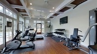 This dedicated fitness space combines refined architectural design with practical functionality. The standout feature is the stunning coffered ceiling, accented with dark wood inlays and white trim, which adds a sense of depth and sophistication rarely found in a home gym setting. Recessed lighting and a ceiling fan are integrated seamlessly into the ceiling design, ensuring the space is well-lit and well-ventilated during workouts.

Rich hardwood floors run throughout, providing a warm contrast to the room's light-toned walls. Protective rubber mats are strategically placed beneath equipment zones. Large French doors and transom windows along one wall flood the space with natural light and offer views of the outdoors, creating an inviting atmosphere.

The room is comprehensively equipped with cardio machines, including an elliptical and treadmill, alongside a multi-function strength trainer and an adjustable weight bench. A full dumbbell rack provides a range of free weights. A wall-mounted flat-screen television is positioned for easy viewing during workouts, completing this highly functional and elegantly designed fitness environment.