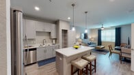 This single-floor residence offers a thoughtfully designed layout that balances open communal spaces with comfortable private areas. An inviting entryway with light-toned walls and wood-style flooring leads into the heart of the home. The kitchen is a standout feature, equipped with gray shaker-style cabinetry, stainless steel appliances including a refrigerator, microwave, and range, and a generous island with a white countertop and bar seating. Pendant lighting above the island adds a stylish focal point, while recessed lighting ensures the space remains bright. A walk-in pantry provides ample storage.

The kitchen flows seamlessly into the living and dining area, creating an open, connected atmosphere well-suited for everyday living. The living space accommodates a dining table and sitting area, with wood-style flooring continuing throughout. Both bedrooms are carpeted and include ceiling fans, neutral walls, and closet access, with one bedroom featuring a dedicated walk-in closet with wire shelving. The two bathrooms are finished with light cabinetry, white countertops, and tile-surround features — one with a glass-enclosed shower and another with a full tub-shower combination.