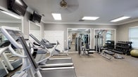 The fitness center at 101 Chesapeake Ridge is a well-appointed, single-floor facility designed to support a comprehensive workout experience. The space is finished with neutral gray walls, white trim, and durable speckled flooring throughout, creating a clean and functional environment. Recessed panel lighting in the ceiling provides bright, even illumination across the entire area, while a ceiling fan aids in air circulation during workouts.

The cardio zone features multiple treadmills, an elliptical machine, and a recumbent bike, each positioned for ease of use and spacing. Wall-mounted televisions are positioned above the cardio equipment, allowing users to stay entertained during extended sessions. The strength training area is equally well-equipped, offering a cable resistance machine, a dedicated weight bench, and a full rack of dumbbells in graduated sizes. Stability balls are also available for functional fitness training.

Large mirrors line multiple walls, visually expanding the space and assisting with form correction during exercise. A drinking fountain is conveniently located within the room, and a bulletin board near the entrance provides community information. A glass-paneled exit door on one end of the facility offers views of the surrounding greenery, bringing a touch of the outdoors inside.