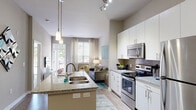 This single-story residence at 810 Ninth St in Durham, NC, showcases a thoughtfully designed open-concept layout with contemporary finishes and elevated ceilings throughout. The kitchen serves as a central hub of the living space, featuring granite countertops, a large island with a double basin sink, white shaker-style cabinetry, stainless steel appliances including a range, microwave, and refrigerator, and a subway tile backsplash. Track lighting and pendant fixtures illuminate the space, while light wood-style flooring runs throughout the main areas. A dedicated dining area adjacent to the kitchen accommodates casual dining with ease.

The living room is bright and welcoming, benefiting from large windows that allow abundant natural light and views of the surrounding greenery. Neutral-toned walls provide a versatile backdrop for the comfortable seating area.

The bathroom is well-appointed with granite countertops, a floating white vanity, large mirrors, and a combination tub and shower enclosed behind a paneled door, complemented by wood-style flooring. In-unit laundry is also conveniently accessible.

The bedrooms feature plush carpeting, ceiling fans, and generously sized windows with outdoor views, creating a serene and restful atmosphere. Ample closet storage is present throughout the unit.