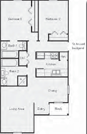 Plano de planta - 2 habitaciones - Hickory Park Duplexes