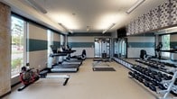 This fitness center offers a comprehensive workout environment designed to accommodate a wide range of exercise routines. The space is defined by a striking interior aesthetic, featuring bold teal and beige horizontal stripes along the walls, complemented by a decorative geometric-patterned accent wall that adds visual depth and a modern flair.

The cardio zone is equipped with multiple treadmills, an elliptical, and a rowing machine, all positioned along the windowed perimeter to allow natural light to fill the space and provide views to the outdoors. A ceiling fan overhead aids in air circulation throughout the room.

On the strength side, the facility includes a multi-function cable machine, an adjustable weight bench, and a full rack of dumbbells spanning a wide range of weights. A dedicated functional training area features stability balls in multiple sizes, medicine balls, a BOSU balance trainer, and open floor space ideal for stretching or mat work. Full-length mirrors along one wall enhance the sense of space while allowing users to monitor their form.

The flooring is a durable, light-toned rubberized surface suited for both cardio and free weight activity. Overhead linear lighting fixtures provide bright, even illumination throughout. A wall-mounted television is positioned for easy viewing from the cardio equipment area, and a water station is conveniently accessible near the entrance.