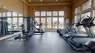 Located at 339 E Allen St in Castle Rock, Colorado, this well-appointed fitness center offers a bright and spacious environment designed to support a comprehensive workout experience. The room features soaring ceilings with recessed lighting and dual ceiling fans that promote airflow and comfort throughout the space. Floor-to-ceiling multi-pane windows line the walls, flooding the interior with natural light and offering views of the surrounding neighborhood.

The fitness center is equipped with a broad selection of Precor cardio machines, including treadmills, elliptical trainers, a stair climber, and a recumbent bike, all arranged to maximize usable floor space. A cable-based multi-function strength machine provides options for resistance training, complemented by a dedicated free weight area with a utility bench and dumbbell rack. Durable rubber flooring covers the entire space, providing both safety and ease of maintenance.

A wall-mounted flat-screen television is positioned for convenient viewing during workouts. The room is accessed through a set of glass double doors that open directly to an outdoor area, likely a pool or courtyard, further enhancing the connection to the outdoors. Wall sconces and safety equipment, including a fire extinguisher and alarm, are thoughtfully integrated throughout. The overall ambiance is clean, functional, and inviting.