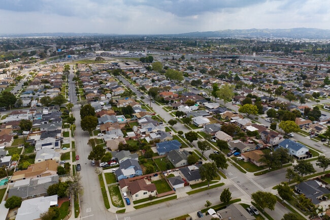 Aerial view of the classic American neighborhood of Norwalk in California.
