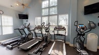 This fitness center offers a comprehensive workout environment designed to support a wide range of exercise routines. The space is defined by its striking vaulted ceiling, which rises to a dramatic peak and is complemented by a large multi-pane window that floods the room with natural light and provides views of the surrounding greenery. Light blue walls and rubber flooring create a clean, energizing atmosphere throughout.

The cardio zone is prominently featured along the windowed wall and includes multiple treadmills and elliptical cross-trainers, all equipped with individual digital consoles. A wall-mounted flat-screen television is positioned for easy viewing during workouts. A ceiling fan overhead ensures comfortable airflow during exercise sessions.

A dedicated strength training area is situated in an adjacent section of the space, outfitted with a multi-station cable machine for a variety of resistance exercises. Floor-to-ceiling mirrors line the walls of this zone, visually expanding the space and allowing users to monitor their form. A stationary bike provides an additional low-impact cardio option nearby, while a rowing machine and other supplemental equipment round out the offerings. The overall layout is thoughtfully organized to allow multiple users to exercise simultaneously with ease.