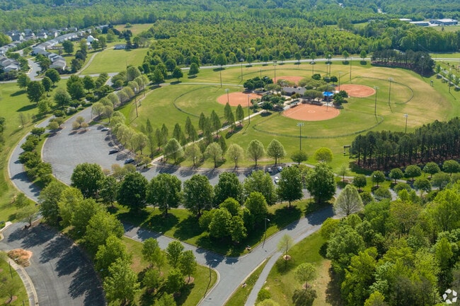 An aerial view of baseball fields in Springwood Park.
