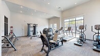 Located in Monument, Colorado, this well-appointed fitness center offers a comprehensive workout environment within a bright, modern space. The room features soaring ceilings and large windows along one wall that flood the interior with natural light and provide views of the surrounding outdoor area, creating an open and energizing atmosphere.

The space is thoughtfully organized to accommodate a wide variety of exercise routines. The cardio zone is equipped with multiple treadmills, a stationary bike, a rowing machine, and an elliptical trainer, all positioned to take advantage of the natural light and outdoor views. The strength training area includes a multi-functional cable machine, a dumbbell rack with a full range of free weights, a weight bench, and several selectorized resistance machines for targeted muscle training. Medicine balls and additional accessories are neatly stored along the wall.

The flooring features durable carpet tile throughout, suited for both cardio and strength activities. Recessed lighting complements the natural light, ensuring excellent visibility at any time of day. A large mirror in the weight area enhances the sense of space and allows for form monitoring during workouts. Built-in shelving and glass-paneled doors add polished architectural detail, completing this functional and modern fitness facility.