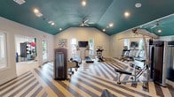 This fitness center is a visually striking and fully equipped space designed to support a comprehensive workout experience. The room's most distinctive architectural feature is its vaulted ceiling, painted a bold teal and fitted with recessed lighting and ceiling fans that keep the space bright and well-ventilated. Below, a bold geometric chevron-patterned floor in neutral tones adds a dynamic visual energy to the room.

The cardio zone is well-stocked with multiple True-brand treadmills and elliptical machines, positioned near windows that allow natural light to filter in and offer views of lush greenery outside. A wall-mounted flat-screen television is centrally placed for entertainment during workouts. The strength training area features a cable machine, a multi-use weight bench, and a selection of free weights and medicine balls displayed on a dedicated rack. Full-length mirrors along one wall enhance the sense of space and allow users to monitor their form.

Colorful abstract artwork adorns the white walls, adding a creative and energetic ambiance that complements the facility's lively design aesthetic. Multiple windows and glass doors contribute to an open, airy feel throughout. The fitness center is a thoughtfully designed, amenity-rich space that balances functionality with bold, modern style.