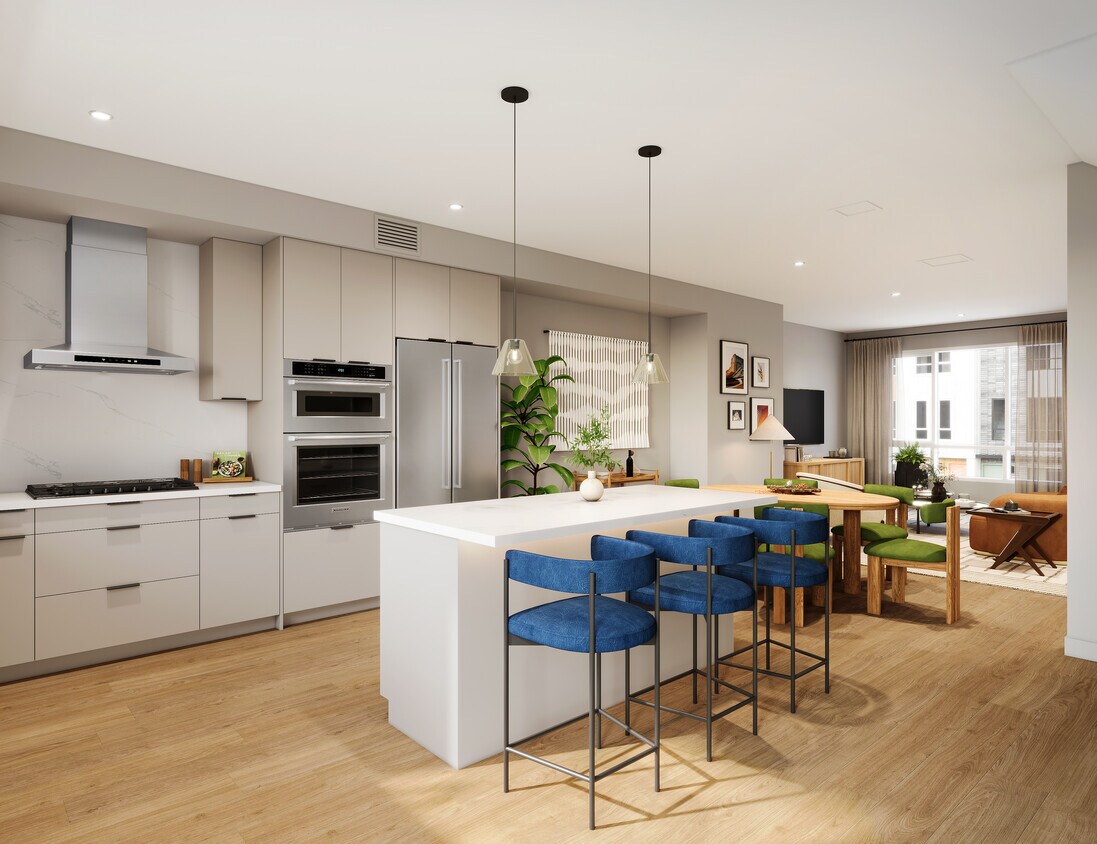 Cocina de la casa adosada Signature Collection I de 4 habitaciones con electrodomésticos de acero inoxidable renovados, iluminación colgante y más (representación) - Avalon Pleasanton