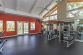 This single-story community facility is divided into two distinct functional areas: a fully equipped fitness center and a dedicated catering or service kitchen. The fitness center is the architectural highlight of the space, boasting dramatic vaulted ceilings with exposed beam detailing and a striking clerestory window system that bathes the interior in natural light. Warm terracotta-toned walls complement the dark rubber flooring, creating an energizing atmosphere. The workout area is outfitted with a comprehensive selection of equipment, including multi-station strength machines, cable systems, elliptical trainers, treadmills, and a rowing machine. Full-length mirrors along one wall amplify the sense of space and allow for form monitoring. French doors and large windows along the perimeter provide direct views of the surrounding lush landscaping and outdoor deck area. The service kitchen features light wood cabinetry, generous white laminate countertops, and tile flooring. Its walls are adorned with a distinctive hand-painted mural depicting stonework and trailing foliage, lending the room a unique artistic character. Wide windows flood the kitchen with natural light and frame views of mature trees and the outdoor courtyard beyond.