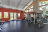 This single-story community facility is divided into two distinct functional areas: a fully equipped fitness center and a dedicated catering or service kitchen. The fitness center is the architectural highlight of the space, boasting dramatic vaulted ceilings with exposed beam detailing and a striking clerestory window system that bathes the interior in natural light. Warm terracotta-toned walls complement the dark rubber flooring, creating an energizing atmosphere. The workout area is outfitted with a comprehensive selection of equipment, including multi-station strength machines, cable systems, elliptical trainers, treadmills, and a rowing machine. Full-length mirrors along one wall amplify the sense of space and allow for form monitoring. French doors and large windows along the perimeter provide direct views of the surrounding lush landscaping and outdoor deck area. The service kitchen features light wood cabinetry, generous white laminate countertops, and tile flooring. Its walls are adorned with a distinctive hand-painted mural depicting stonework and trailing foliage, lending the room a unique artistic character. Wide windows flood the kitchen with natural light and frame views of mature trees and the outdoor courtyard beyond.