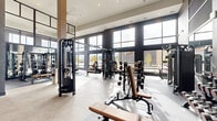 Located in the Central Park neighborhood of Denver, Colorado, this fitness center is a spacious, single-floor exercise facility designed to support a full range of workout routines. The space is defined by its dramatic double-height ceilings and expansive floor-to-ceiling windows that line multiple walls, flooding the interior with abundant natural light and offering open views of the surrounding neighborhood. The modern aesthetic is anchored by a dark, contrasting color palette — deep navy and charcoal tones on the walls — set against light-toned polished concrete flooring that enhances the bright, airy atmosphere. The facility is comprehensively equipped across distinct workout zones. A dedicated cardio area lines the window walls and features treadmills, ellipticals, stair climbers, stationary cycling bikes, and rowing machines. The strength training zone offers a robust collection of cable machines, multi-functional weight stations, selectorized machines, free weights, and adjustable benches. Large mirrors are strategically placed throughout to amplify the sense of space and support proper form. Additional amenities include medicine ball racks and functional fitness equipment, rounding out a well-appointed facility suited for diverse fitness goals. Ceiling fans and recessed lighting further enhance comfort throughout the space.