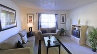 This single-floor space centers around a thoughtfully arranged living room that exudes a warm and inviting ambiance. The room is anchored by a plush, neutral-toned sofa set, complemented by coordinating accent pillows that add subtle texture and visual interest. A sleek, dark-finished coffee table serves as the focal point of the seating area, sitting atop a patterned area rug that defines the space.

Natural light filters through a large central window dressed with dark curtain panels, brightening the room while allowing for privacy control. The textured ceiling adds architectural character overhead. Along one wall, a built-in or freestanding entertainment unit houses a television and provides additional display and storage space.

Decorative framed artwork flanks the window on either side, lending a polished, curated feel to the walls. A tall floor lamp and a table lamp provide layered lighting options for the space. A potted plant positioned near the window introduces a natural, organic element. The carpeted flooring throughout contributes to the overall comfortable and relaxed character of this well-composed living area.
