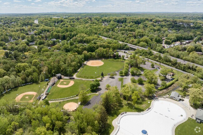 Aerial view of the ball fields and swimming pool at Lake Nanuet Park in Nanuet, NY.