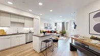 Located at 225 S Loara St in Anaheim, CA, this thoughtfully designed one-bedroom, one-bathroom residence offers a well-planned single-floor layout that maximizes every inch of its comfortable footprint. The open-concept kitchen and living area serves as the heart of the home, featuring a sleek kitchen outfitted with white cabinetry extending to the ceiling, stainless steel appliances including a French door refrigerator, gas range, microwave, and dishwasher, complemented by a dark quartz-topped island with bar seating. Light wood-style flooring flows seamlessly throughout the main living areas, enhancing the bright, airy ambiance created by recessed lighting and large windows. The living room offers generous natural light and direct access to a private balcony, perfect for outdoor dining. The bedroom provides a cozy retreat with ample space and access to a dedicated closet. A versatile office accommodates remote work or study needs. The bathroom features a soaking tub and shower combination with clean white tile surround, wood-toned cabinetry, and built-in open shelving. A hallway connects the private spaces efficiently, completing this modern and functional Anaheim residence.