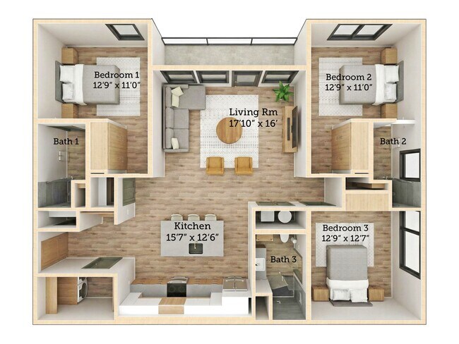 Plano de planta de tres dormitorios - 1117 Preston