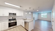 Located at 4009 Seaside Alder Rd in Bowie, MD, this 1-bedroom, 1-bathroom unit offers a clean, contemporary design with a thoughtful open-concept layout. Light hardwood-style flooring flows throughout the entire space, lending a cohesive and modern aesthetic.

The kitchen and living area share an open, connected footprint. The kitchen is well-appointed with crisp white shaker cabinetry, granite countertops, a peninsula with an undermount sink and pendant lighting above, and a full suite of stainless steel appliances including a range, microwave, dishwasher, and refrigerator. The adjacent living area benefits from a large window that brings in natural light and provides outdoor views, creating an airy and welcoming atmosphere.

The bedroom is a comfortable, quiet retreat featuring a ceiling fan, a window with blinds overlooking greenery, and neutral-toned walls. Two closets provide ample storage throughout the unit.

The bathroom is finished with clean, classic subway tile surrounding the soaking tub and shower, complemented by a white vanity with a granite countertop and a framed mirror. The overall palette of soft whites, light grays, and warm wood tones gives the entire unit a bright, move-in-ready feel.