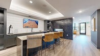 Located at 400 Oak Grove Pkwy in Vadnais Heights, Minnesota, this well-appointed community amenity space offers a thoughtfully designed single-floor layout that seamlessly integrates indoor and outdoor living. The interior is anchored by a stunning chef's kitchen featuring navy blue cabinetry with gold hardware, a dramatic waterfall-edge quartz island with bar seating, stainless steel appliances, a herringbone tile backsplash, and striking sputnik pendant lighting overhead. Light wood-look flooring flows throughout, tying the spaces together cohesively. Adjacent to the kitchen, a lounge area showcases a tray ceiling with integrated lighting, a bold dark brick accent wall, wall-mounted TV, and a wet bar with leather bar stools — ideal for social gatherings. The dining area features built-in banquette seating, warm wood tables, and curated coastal artwork under a soft, neutral palette. The living room offers large floor-to-ceiling black-framed windows that frame views of the outdoor pool deck, flooding the space with natural light. Outside, a spacious covered patio with natural stone columns provides a relaxed seating area, while the resort-style pool is surrounded by lounge chairs and lush mature trees. A beautifully landscaped courtyard with flowering plantings and open-air seating areas completes this exceptional amenity offering.