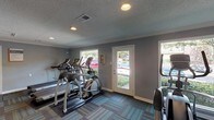 Located at 580 Pear Orchard Rd in Ridgeland, Mississippi, this fitness center offers a well-equipped, single-floor workout facility designed to support a variety of exercise routines. The space is finished with a combination of patterned, multi-toned carpet tiles in the main workout area and smooth hardwood-style flooring in a dedicated stretching and free-weight zone, providing both comfort and functionality underfoot.

The cardio section is outfitted with multiple treadmills, elliptical trainers, and a stair climber, all positioned along a windowed wall that allows natural light to filter in and provides views of the surrounding greenery and parking area. A dedicated rowing machine and recumbent bike occupy a separate area of the room, catering to low-impact and full-body training needs.

Large wall-mounted mirrors span one side of the space, visually expanding the room and allowing users to monitor their form during workouts. Crown molding and clean white baseboards add a polished architectural touch to the cool gray painted walls, while recessed lighting and a textured ceiling keep the ambiance bright and functional. A glass-panel entry door and multiple windows ensure the space remains airy and connected to the outdoors. Posted fitness center rules reflect a well-managed facility.