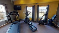 This fitness center is designed to support a well-rounded workout routine within a thoughtfully appointed, single-level space. The interior is defined by a striking two-tone color scheme, pairing bold yellow accent walls with cool gray surroundings, creating an energetic yet focused atmosphere. Carpet flooring runs throughout, providing comfortable underfoot support during exercise.

The cardio area is generously equipped with multiple treadmills, an elliptical trainer, and a recumbent stationary bike, all positioned to take advantage of the natural light pouring in through several large windows dressed with gray grommet curtains. Views of the surrounding neighborhood are visible through the windows, offering a pleasant visual break during workouts. A wall-mounted flat-screen television provides additional entertainment.

A dedicated strength training area includes a rack of dumbbells in varying weights alongside an adjustable workout bench, accommodating a range of resistance exercises. Industrial-style pendant lighting and recessed ceiling fixtures illuminate the space effectively.

French doors with glass panels connect the workout area to an adjacent common space, allowing visibility between the two areas and contributing to an open, connected feel. The overall ambiance is motivating and well-maintained, balancing function with a clean, modern aesthetic.