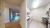 Located at 235 Haas Ave in San Leandro, California, this single-floor residence offers a well-organized layout that balances comfort and functionality. The galley-style kitchen is thoughtfully designed with white cabinetry, marble-look countertops, a stainless steel sink, and a full suite of stainless steel appliances including a refrigerator, range, microwave, and dishwasher. Light vinyl flooring runs throughout the kitchen, contributing to a clean and bright atmosphere enhanced by overhead lighting. The open living area extends naturally from the kitchen, featuring warm wood-look flooring, a ceiling fan, a baseboard heating system, and a sliding glass door that opens onto a private balcony, allowing natural light to fill the space and offering views of the surrounding greenery. The bedrooms are carpeted for comfort and include windows that frame outdoor garden views, along with baseboard heating for year-round convenience. The bathroom features a full tub and shower combination with chrome fixtures, complemented by neutral tile flooring and a small window for ventilation. Overall, the unit presents a clean, neutral palette throughout, creating a versatile and move-in-ready living environment in a well-established San Leandro neighborhood.